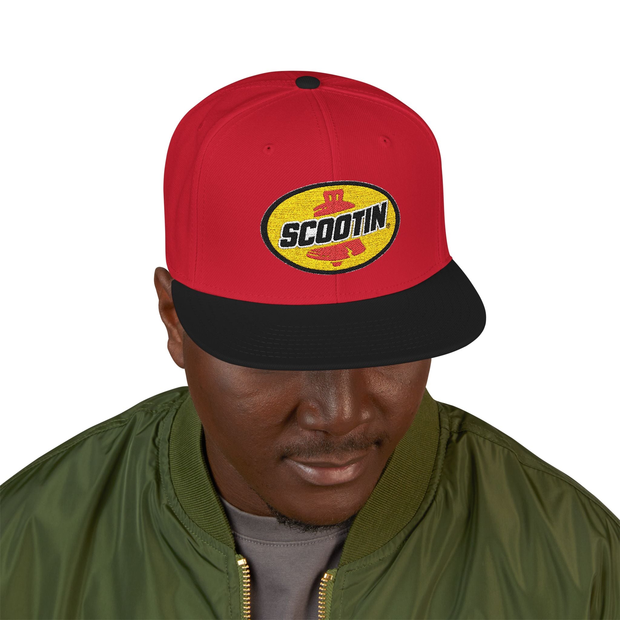 Embroidered Snapback Cap with Retro 'Squitin' Patch