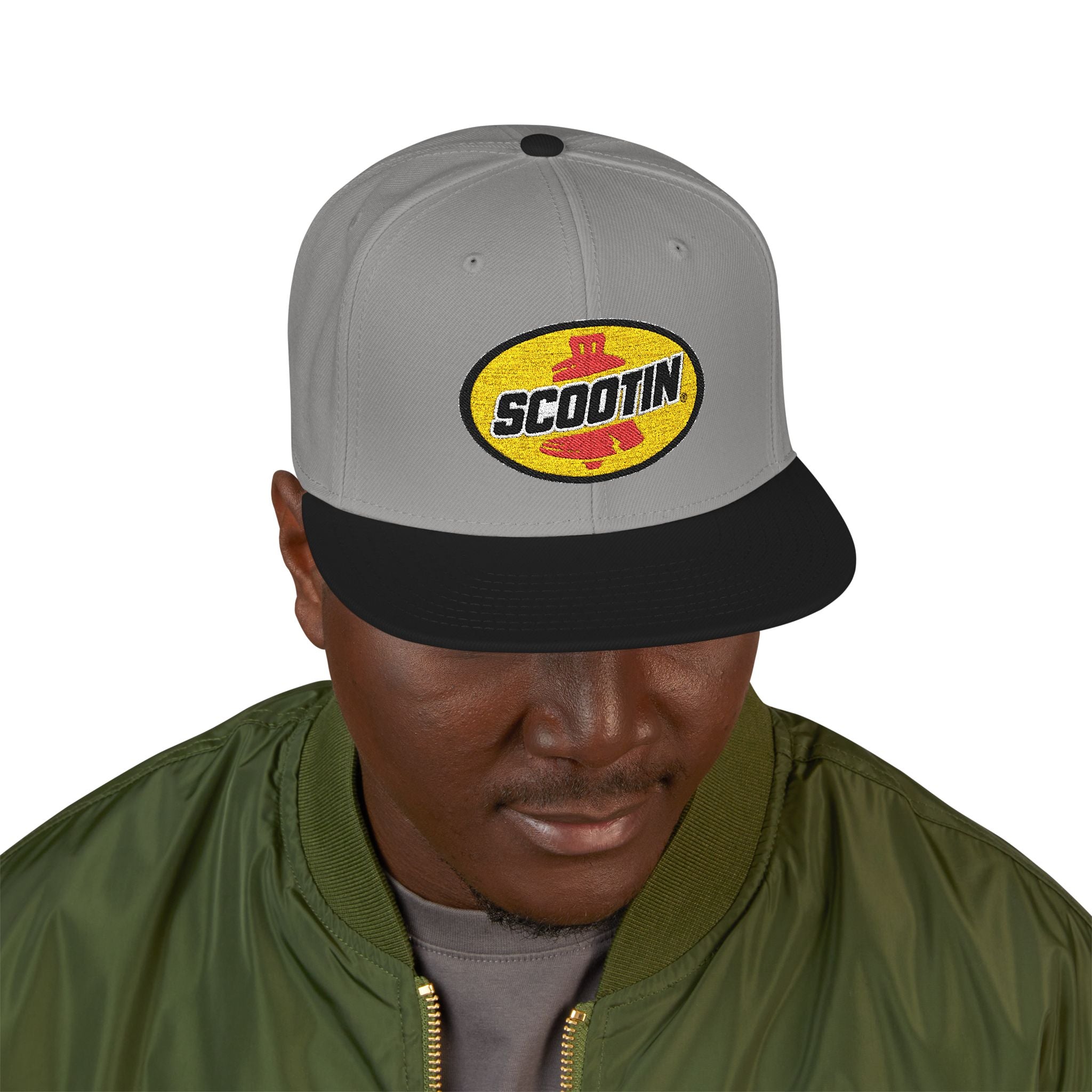 Embroidered Snapback Cap with Retro 'Squitin' Patch