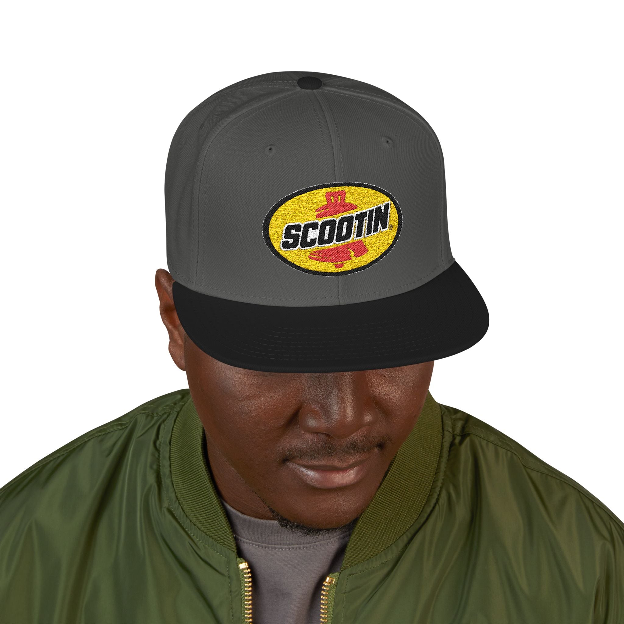 Embroidered Snapback Cap with Retro 'Squitin' Patch