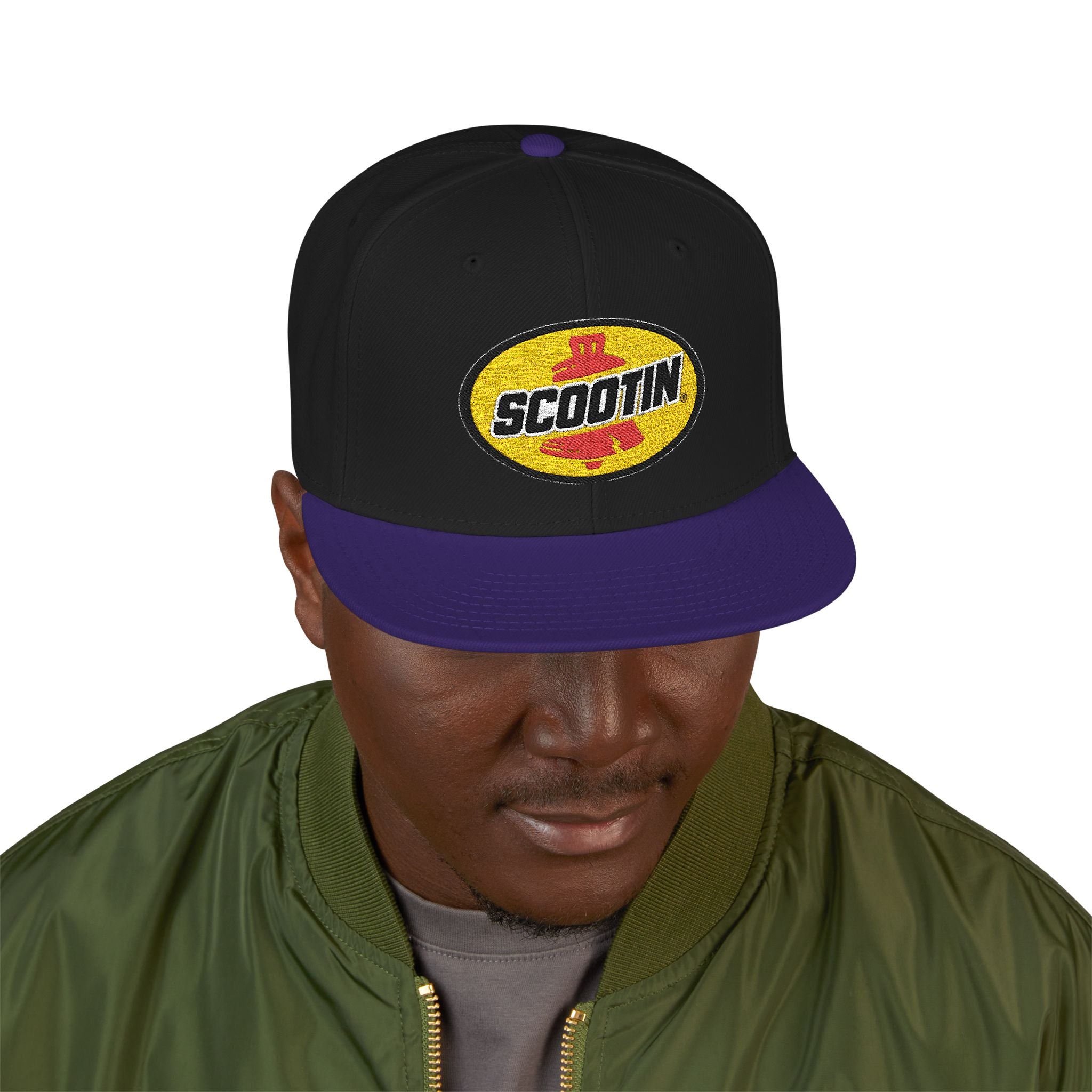 Embroidered Snapback Cap with Retro 'Squitin' Patch